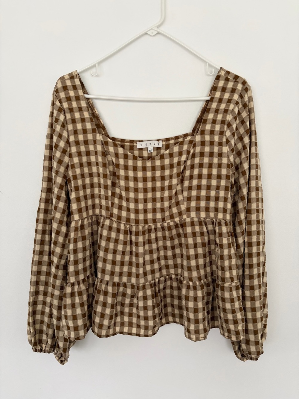 HYFVE Brown and Cream Gingham Tiered Blouse
